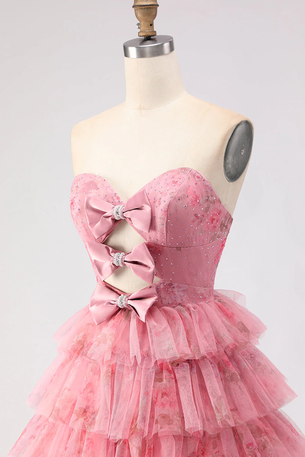 Black Tiered Ruffle A-Line Strapless Cut Out Long Prom Dress with Bows - Image 12