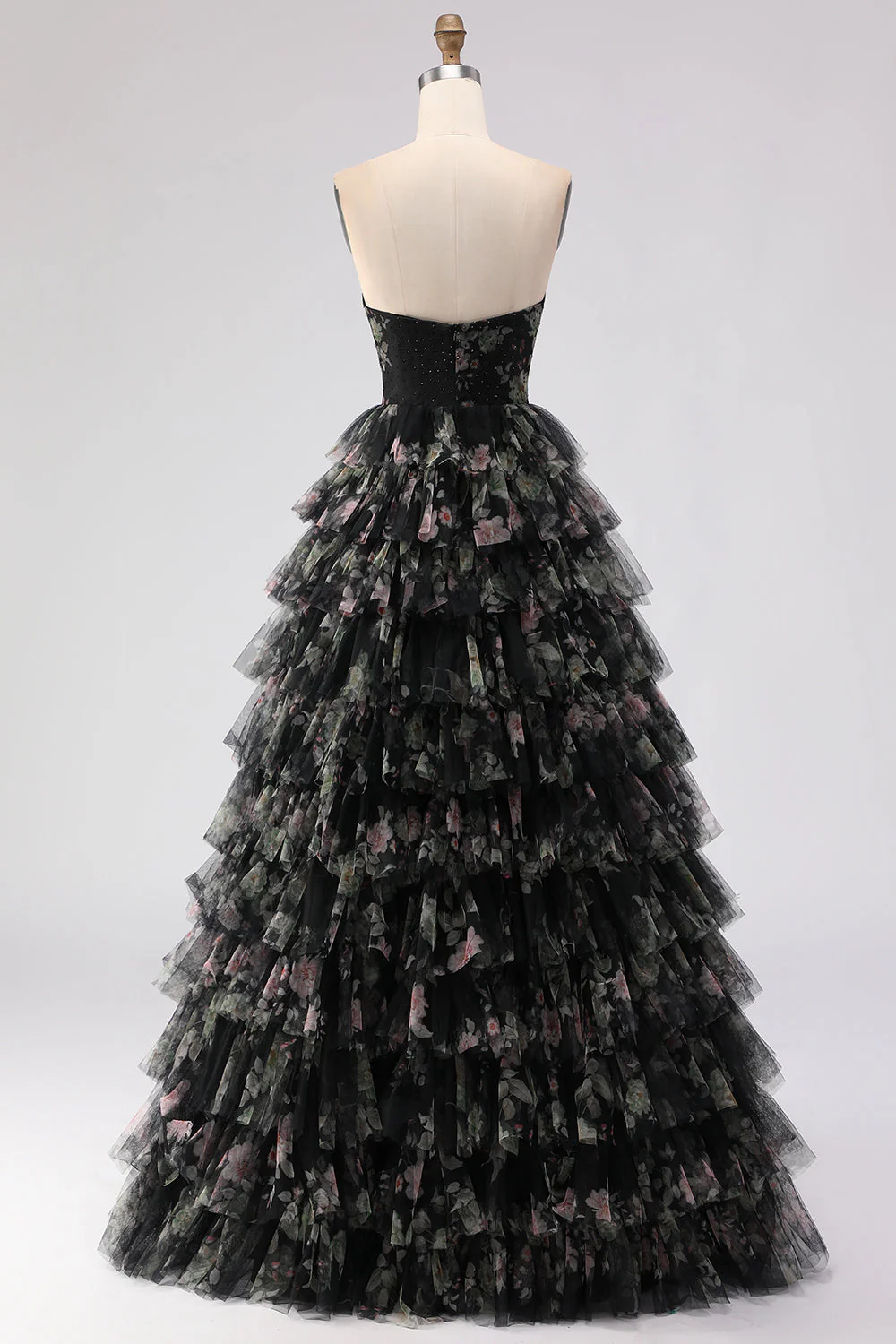 Black Tiered Ruffle A-Line Strapless Cut Out Long Prom Dress with Bows - Image 2