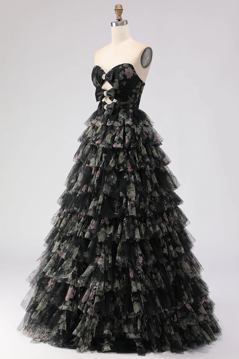 Black Tiered Ruffle A-Line Strapless Cut Out Long Prom Dress with Bows - Image 3