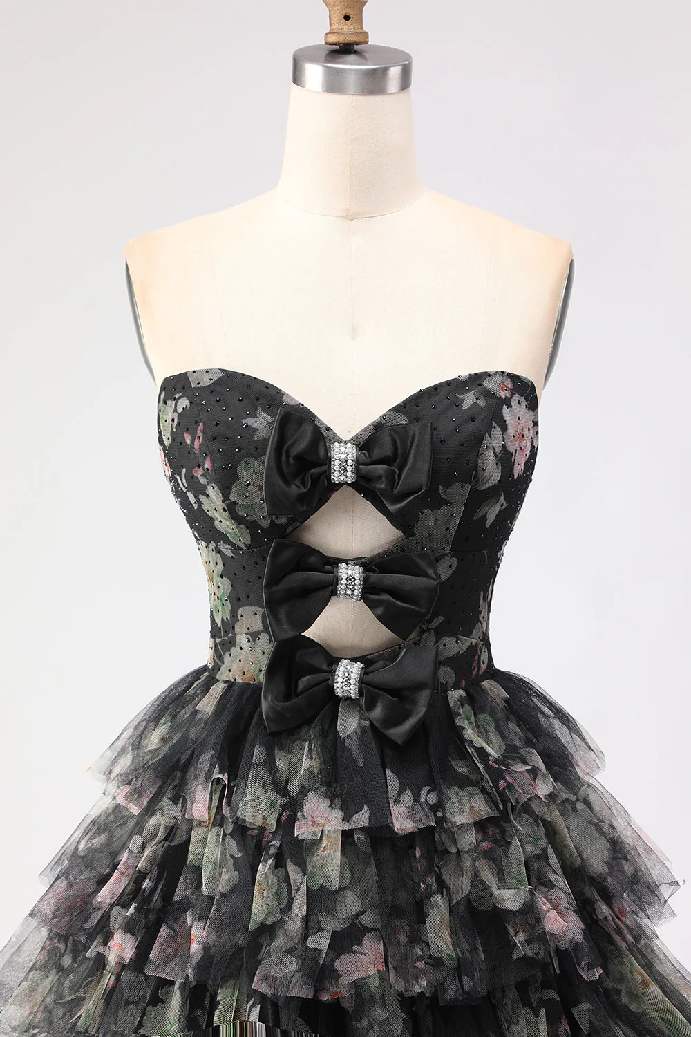 Black Tiered Ruffle A-Line Strapless Cut Out Long Prom Dress with Bows - Image 4