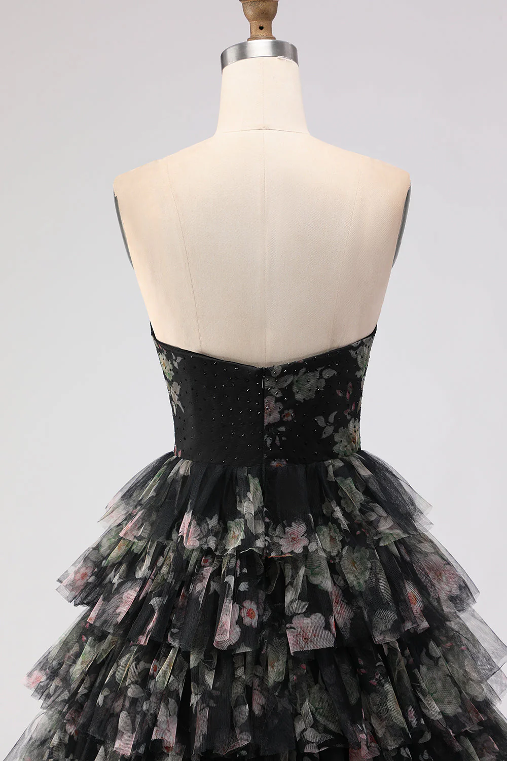 Black Tiered Ruffle A-Line Strapless Cut Out Long Prom Dress with Bows - Image 5
