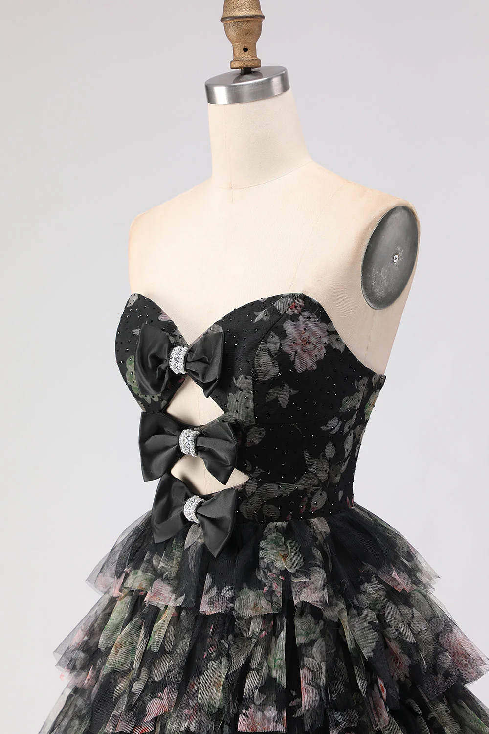 Black Tiered Ruffle A-Line Strapless Cut Out Long Prom Dress with Bows - Image 6