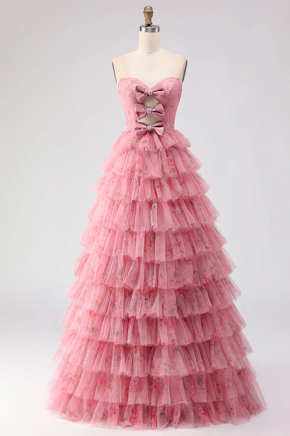 Black Tiered Ruffle A-Line Strapless Cut Out Long Prom Dress with Bows - Image 7