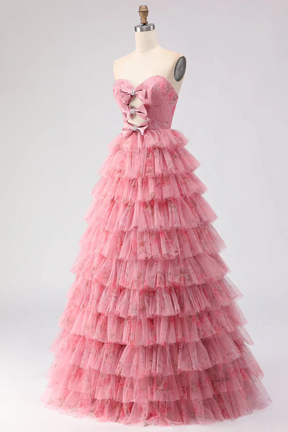 Black Tiered Ruffle A-Line Strapless Cut Out Long Prom Dress with Bows - Image 9