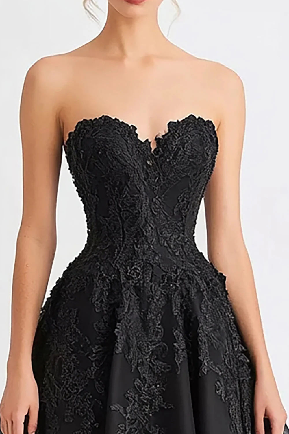 Black Tulle A Line Strapless Long Evening Dress with Appliques - Image 2