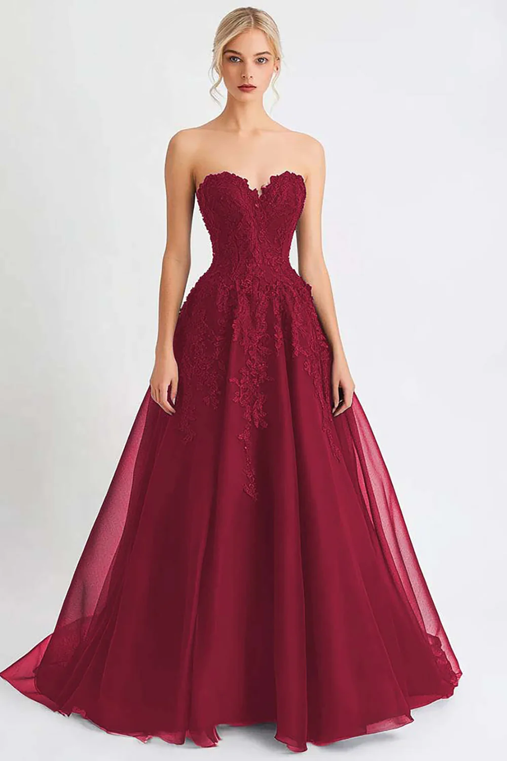Black Tulle A Line Strapless Long Evening Dress with Appliques - Image 3