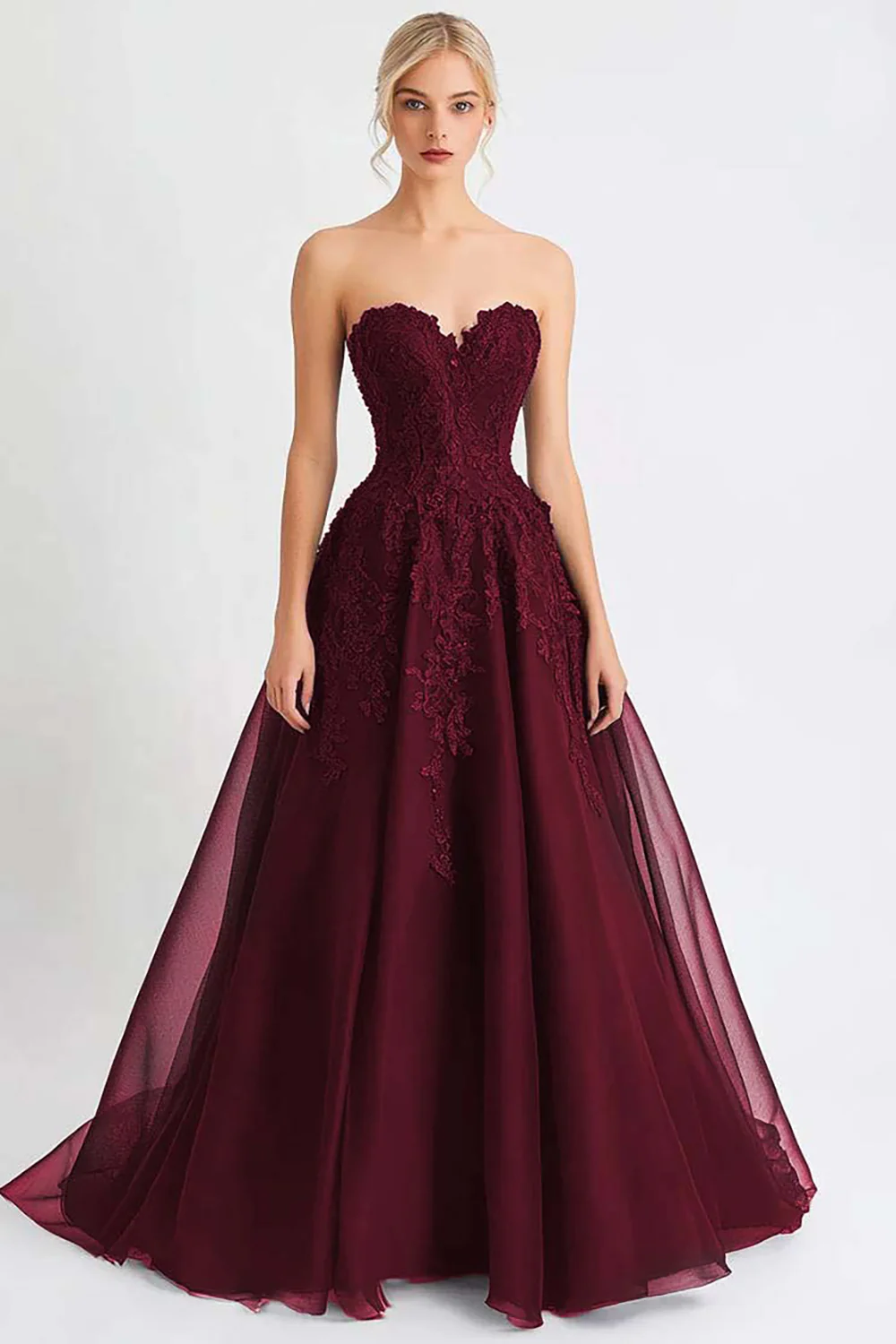 Black Tulle A Line Strapless Long Evening Dress with Appliques - Image 4