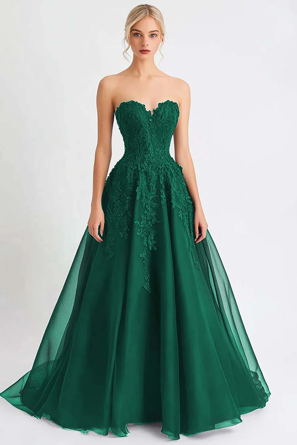 Black Tulle A Line Strapless Long Evening Dress with Appliques - Image 5