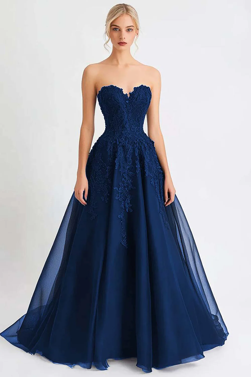Black Tulle A Line Strapless Long Evening Dress with Appliques - Image 6