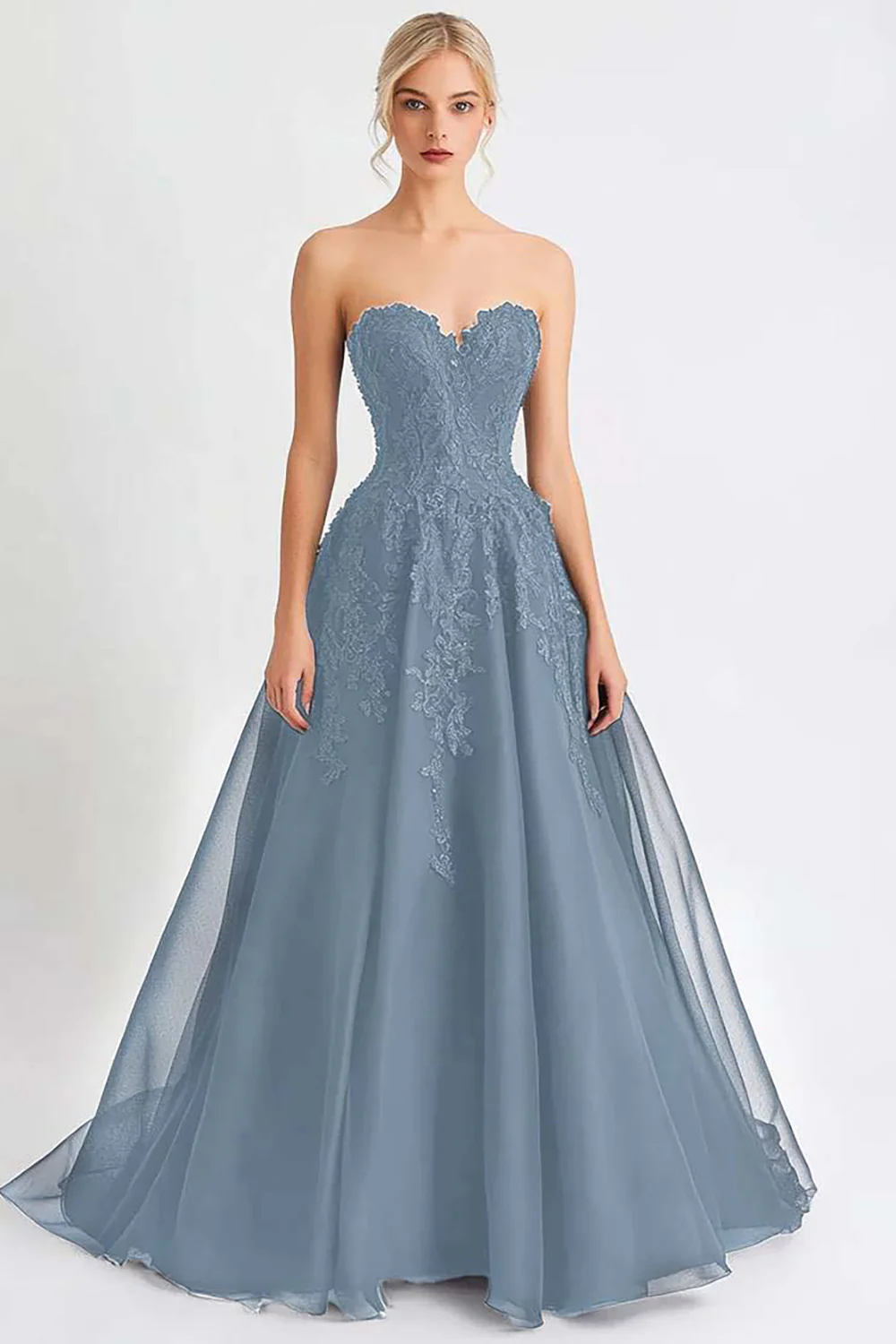 Black Tulle A Line Strapless Long Evening Dress with Appliques - Image 7