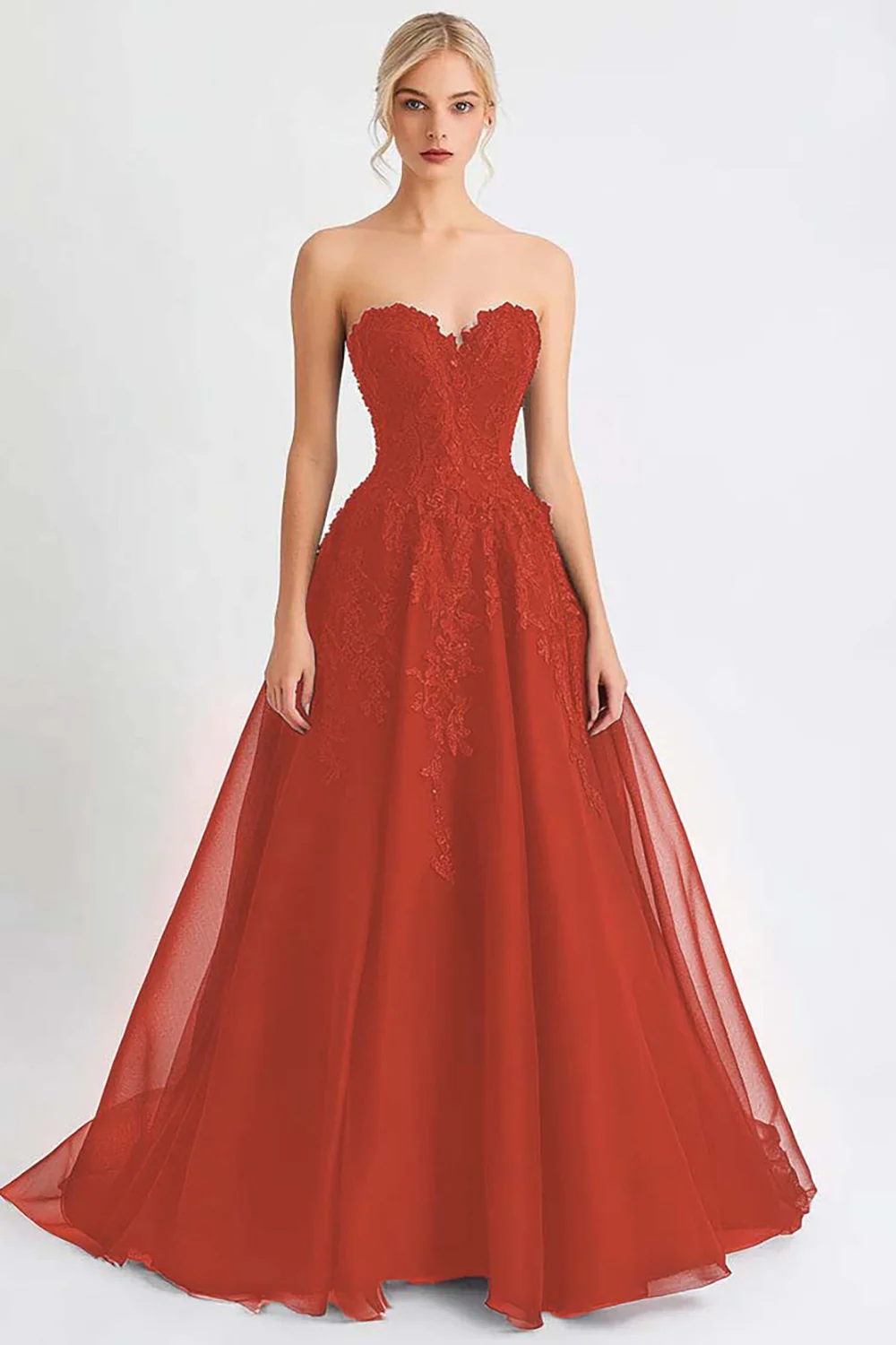 Black Tulle A Line Strapless Long Evening Dress with Appliques - Image 8