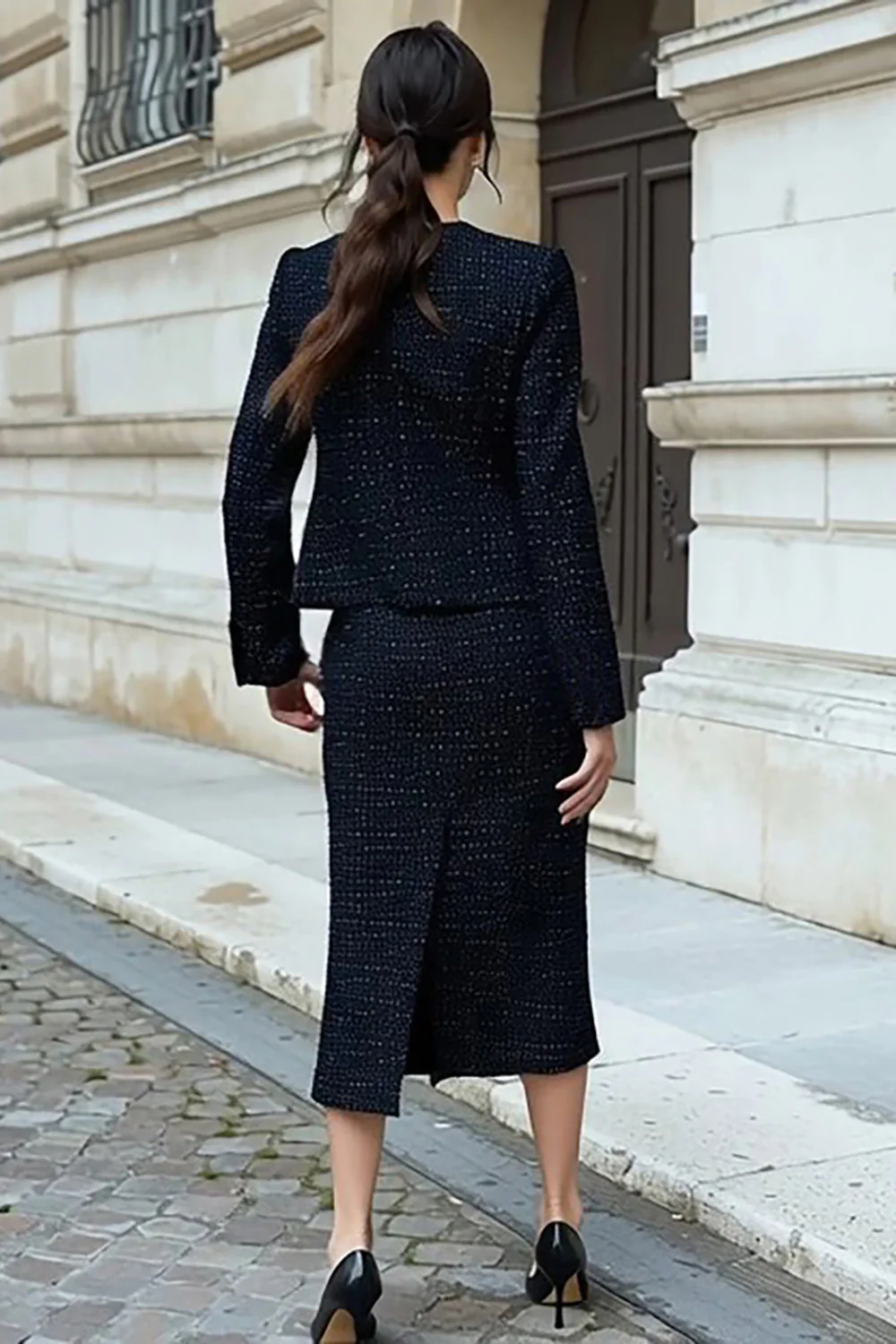 Black Tweed 2 Piece Pencil Long Sleeves Midi Work Dress - Image 2