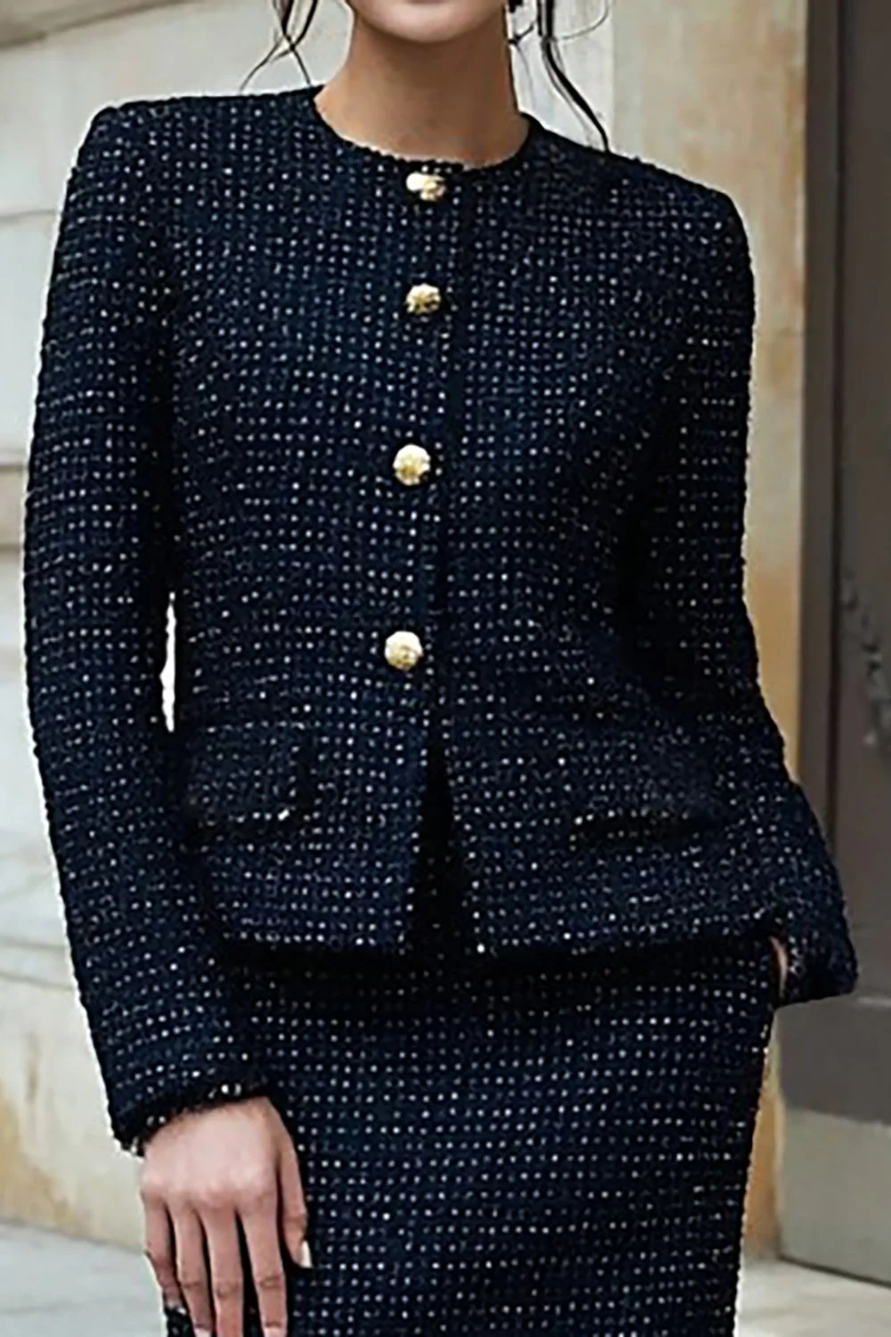 Black Tweed 2 Piece Pencil Long Sleeves Midi Work Dress - Image 3