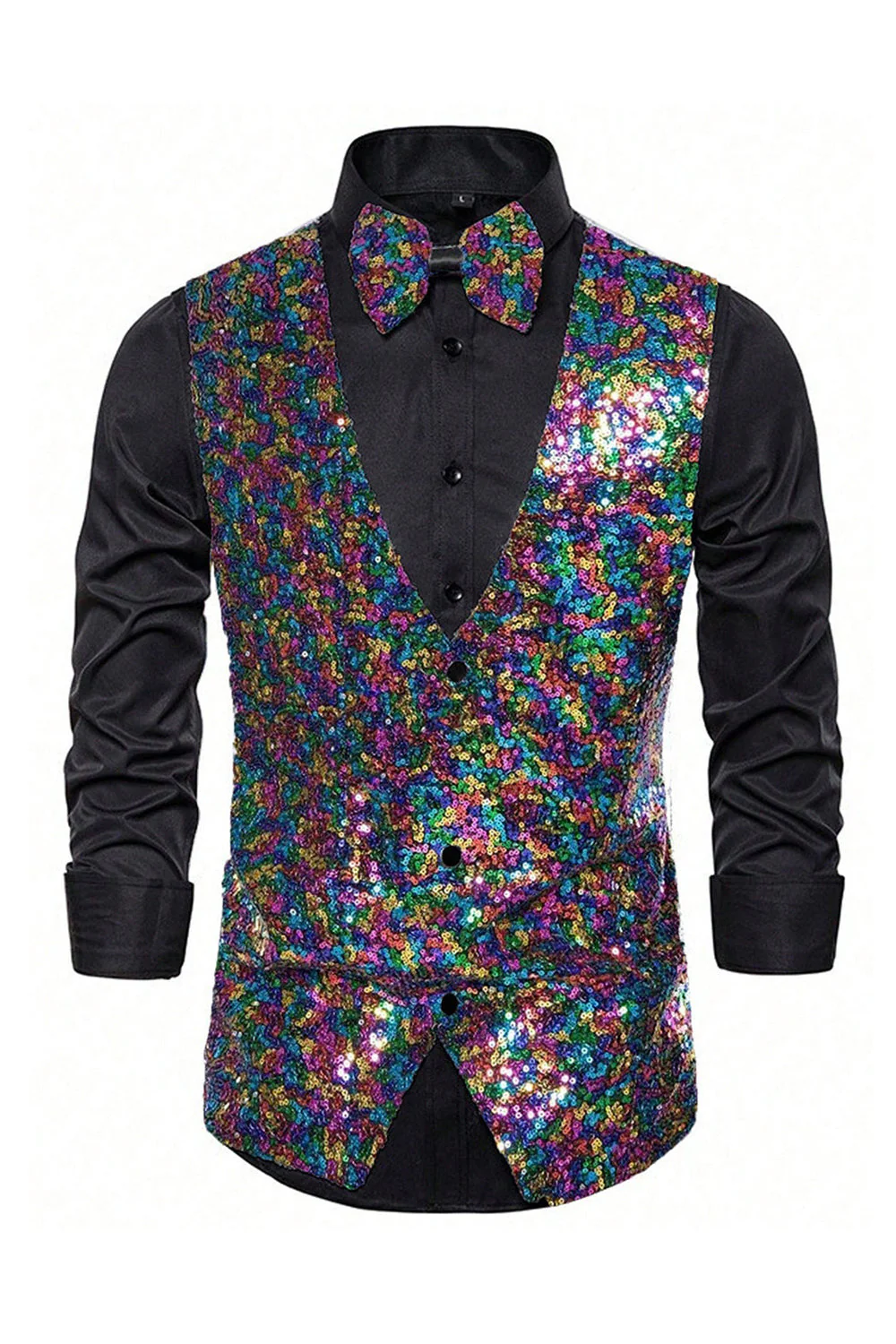 Black V-Neck Single Breasted Sequins Men's Suit Vest - Image 11