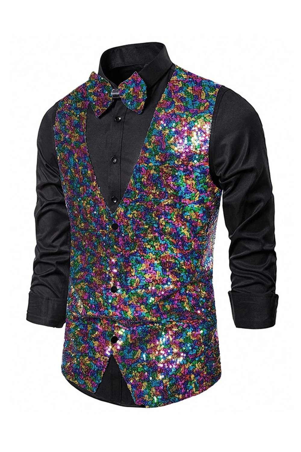 Black V-Neck Single Breasted Sequins Men's Suit Vest - Image 12