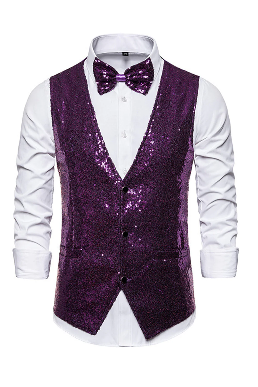Black V-Neck Single Breasted Sequins Men's Suit Vest - Image 17