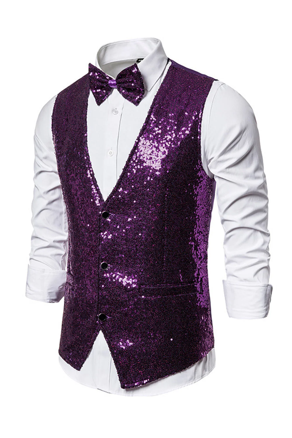 Black V-Neck Single Breasted Sequins Men's Suit Vest - Image 18