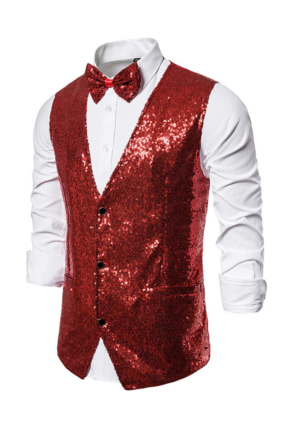 Black V-Neck Single Breasted Sequins Men's Suit Vest - Image 21