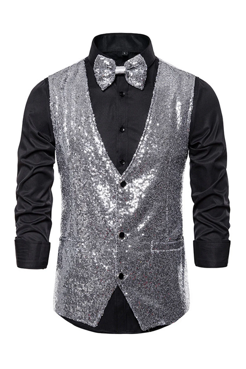 Black V-Neck Single Breasted Sequins Men's Suit Vest - Image 22