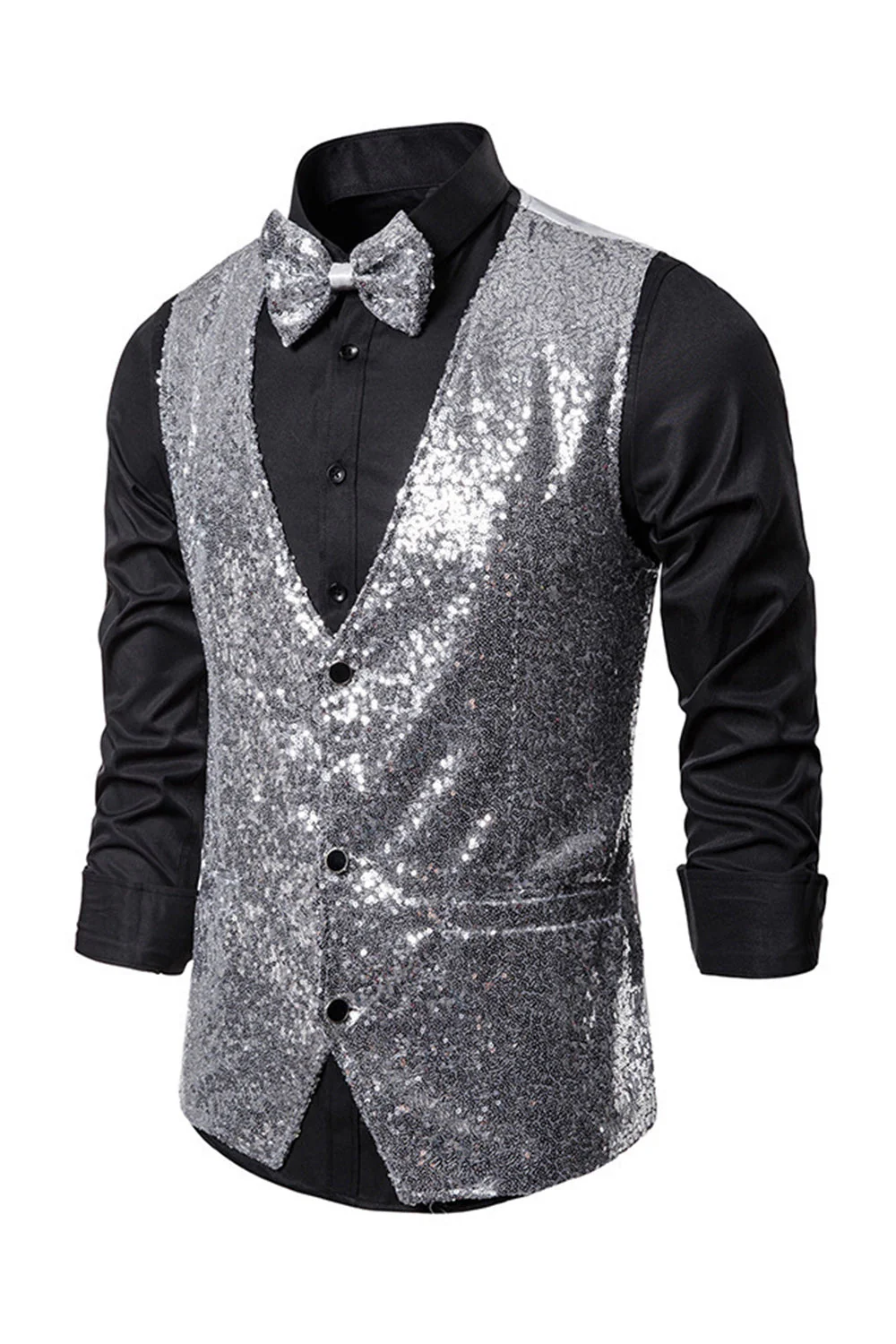 Black V-Neck Single Breasted Sequins Men's Suit Vest - Image 24