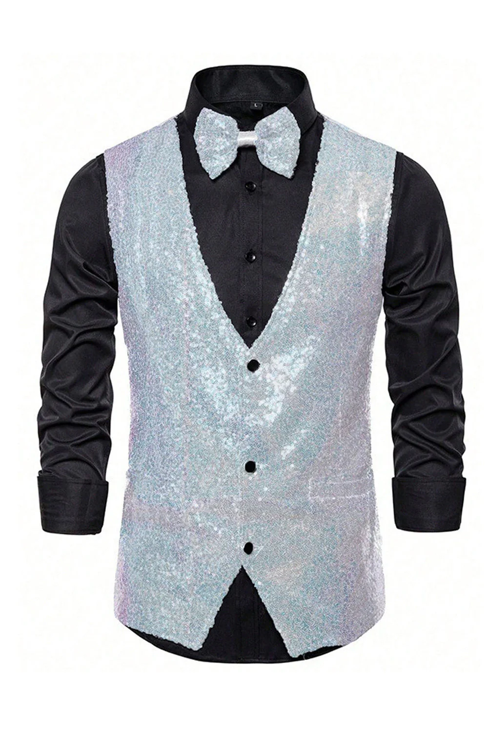 Black V-Neck Single Breasted Sequins Men's Suit Vest - Image 25