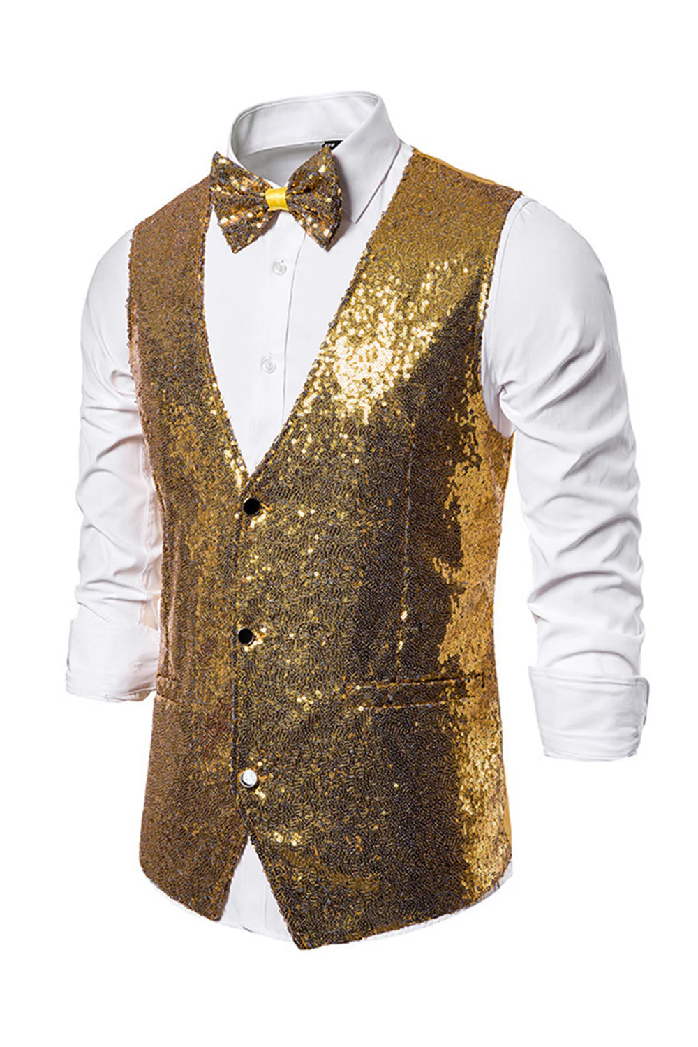 Black V-Neck Single Breasted Sequins Men's Suit Vest - Image 9