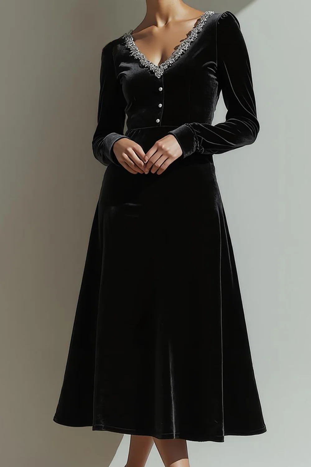 Black Velvet A Line V-Neck Maxi Holiday Party Dress with Long Sleeves - Image 2