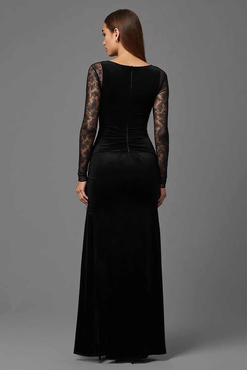Black Velvet Boat Neck Long Formal Dress with Lace - Image 2