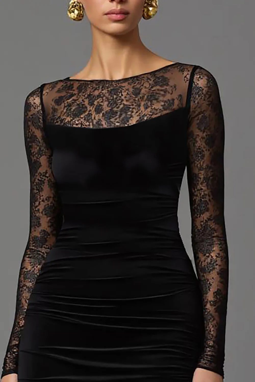 Black Velvet Boat Neck Long Formal Dress with Lace - Image 3