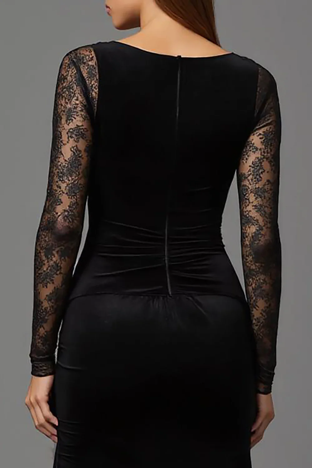 Black Velvet Boat Neck Long Formal Dress with Lace - Image 4