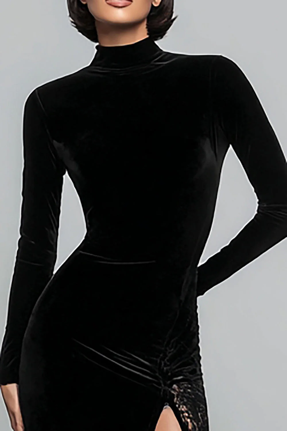 Black Velvet High Neck Mermaid Long Evening Dress with Lace - Image 2