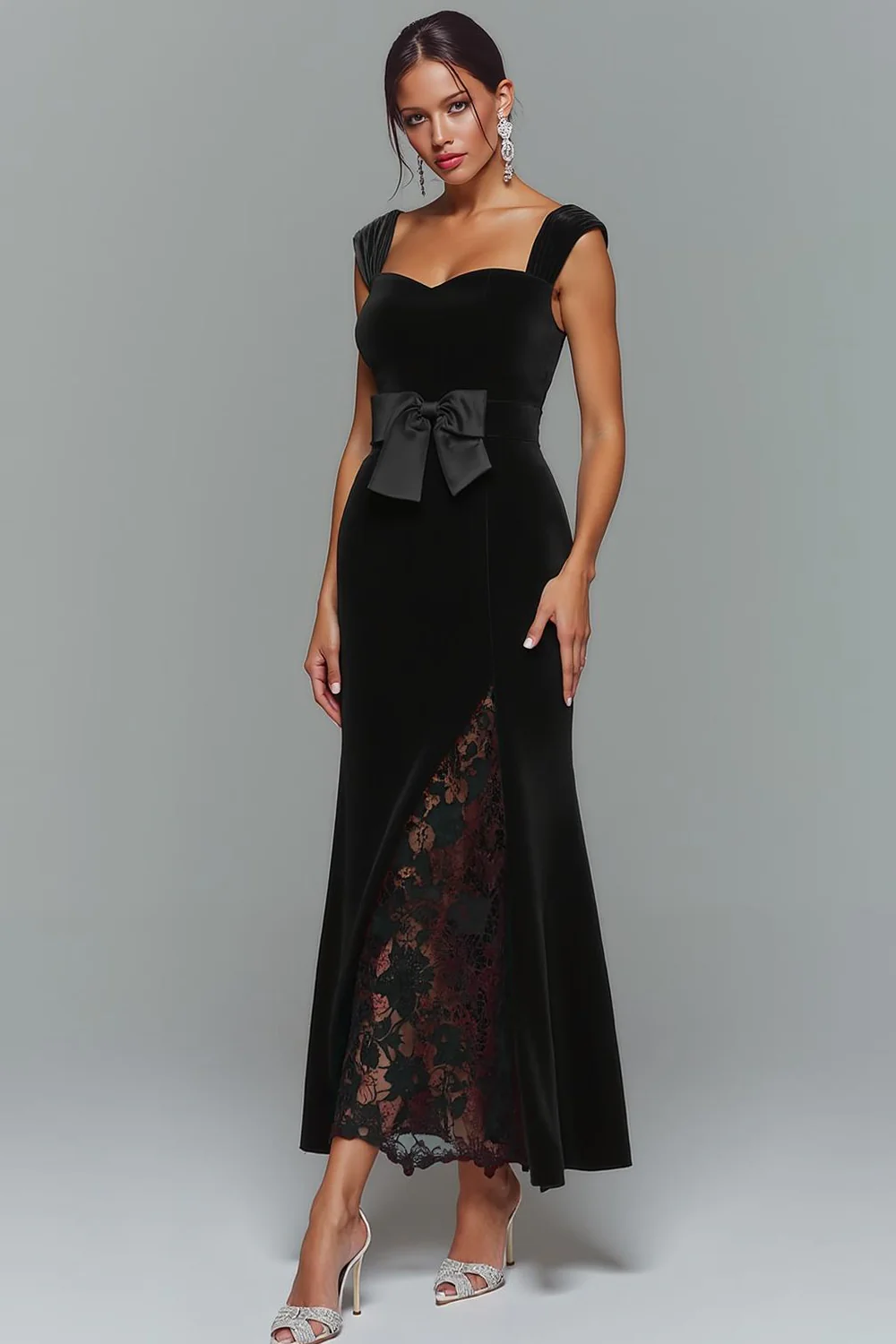 Black Velvet Mermaid Long Evening Dress with Bow - Image 2