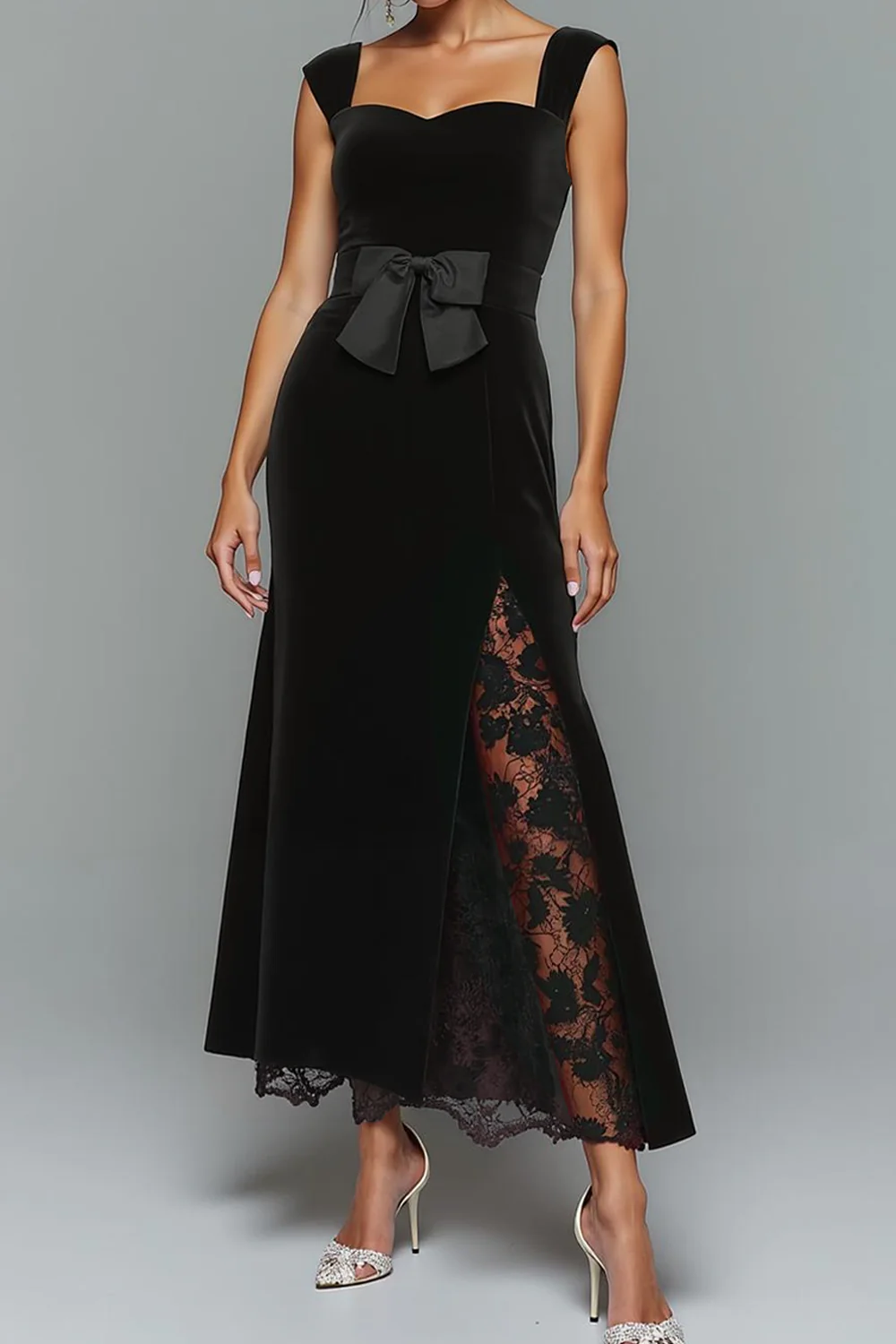 Black Velvet Mermaid Long Evening Dress with Bow - Image 5