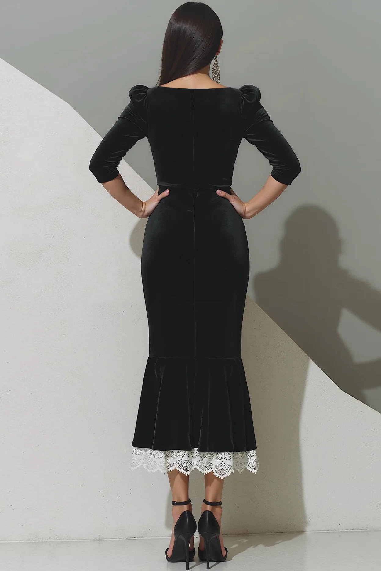 Black Velvet Mermaid Tea Length Formal Dress with Lace - Image 2