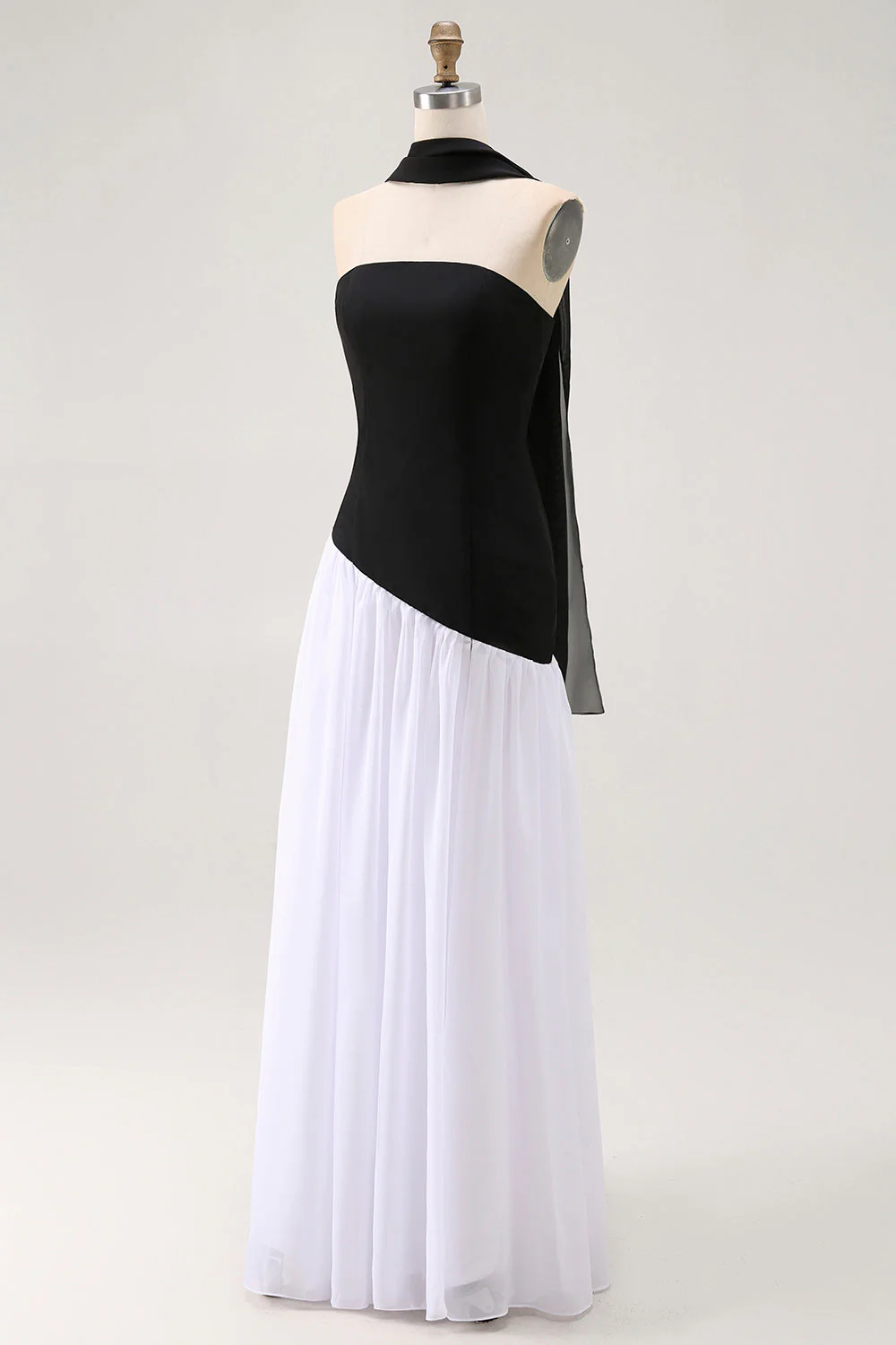 Black White A-Line Strapless Formal Dress With Halter Scarf - Image 3