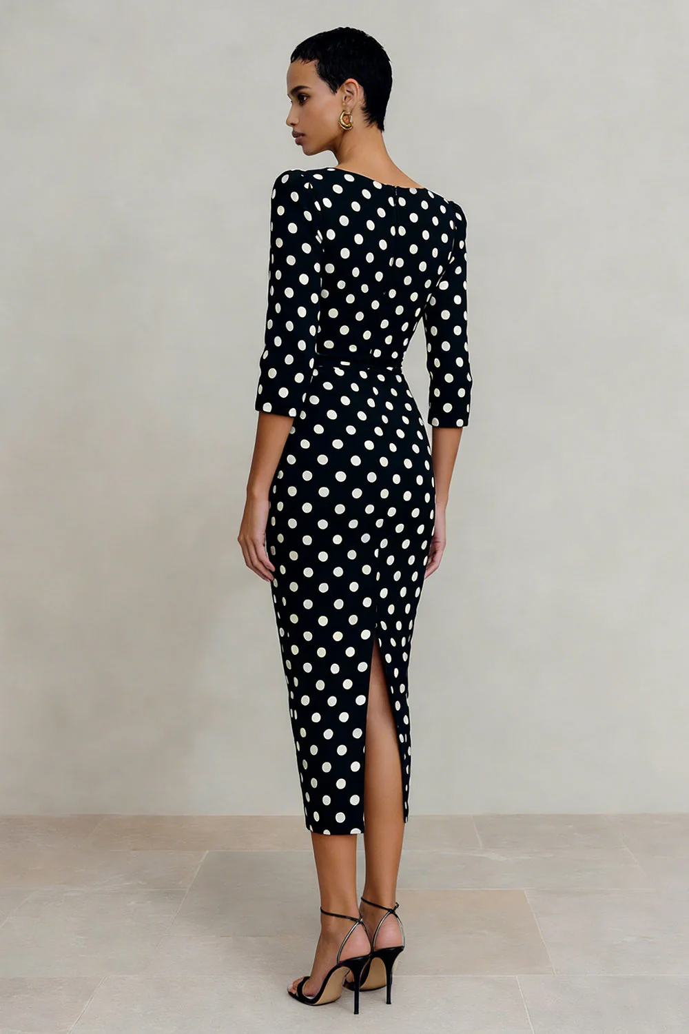 Black White Polka Dots Bateau Neck Sheath Midi Work Dress with Sleeves - Image 2
