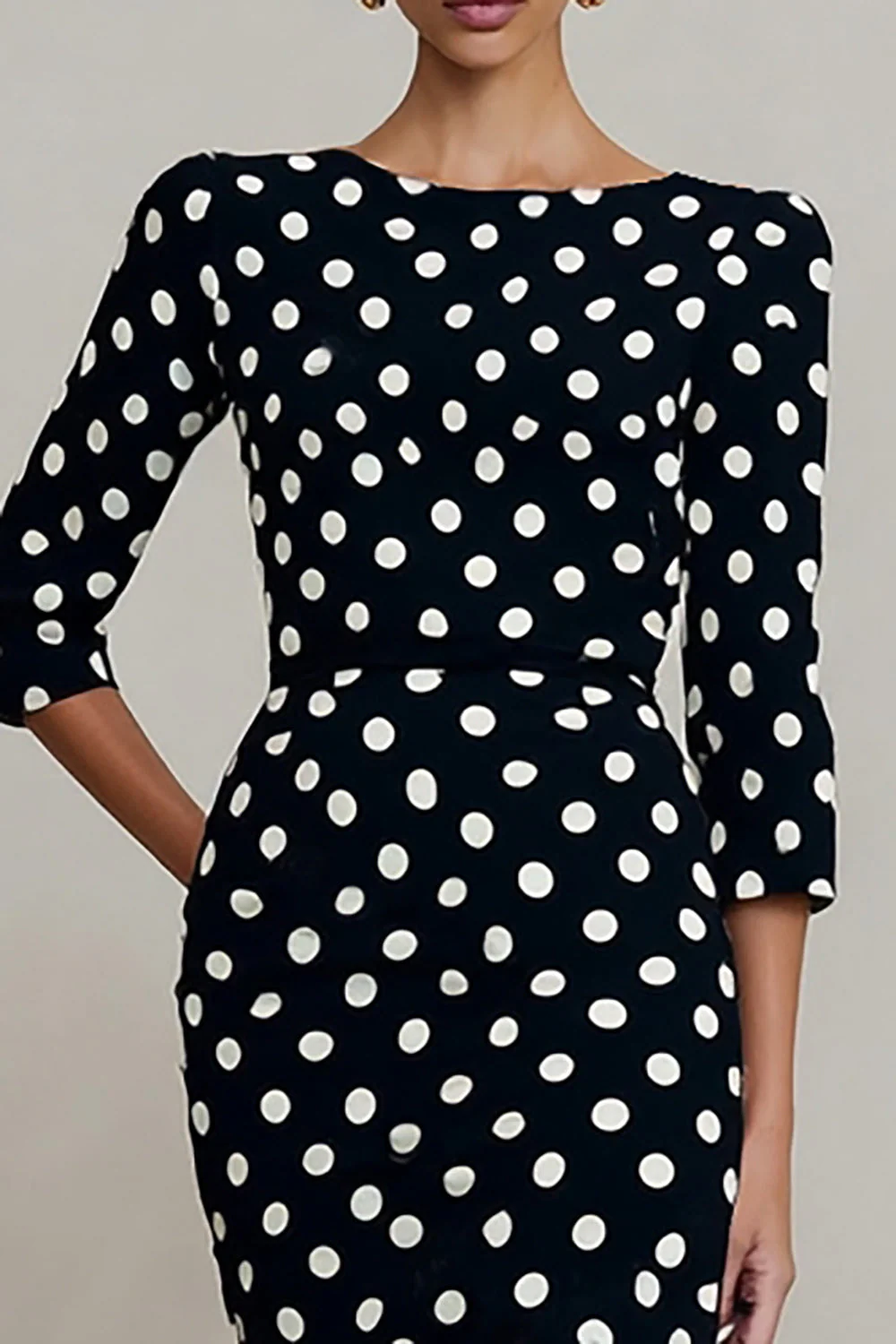 Black White Polka Dots Bateau Neck Sheath Midi Work Dress with Sleeves - Image 3