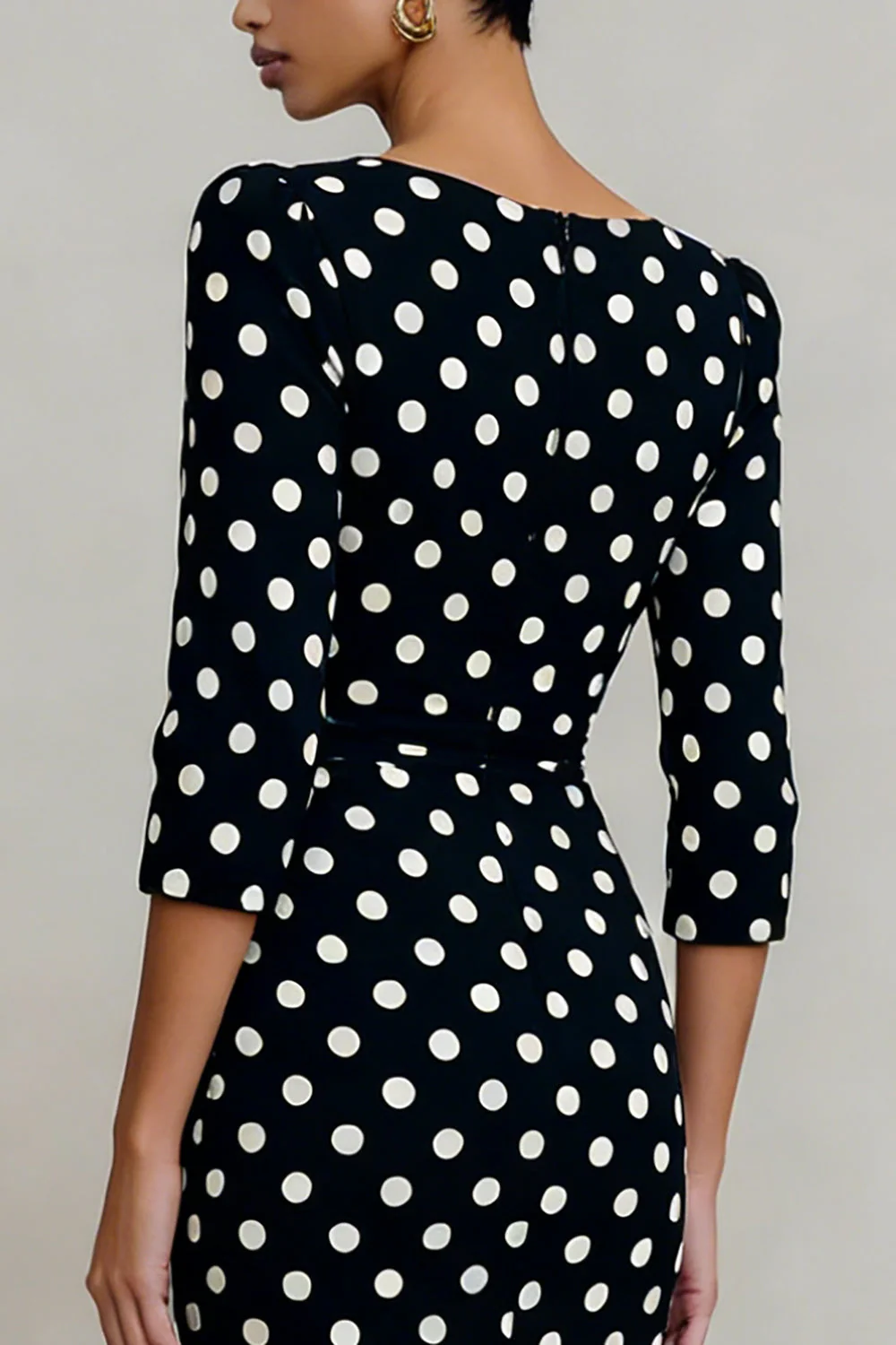Black White Polka Dots Bateau Neck Sheath Midi Work Dress with Sleeves - Image 4