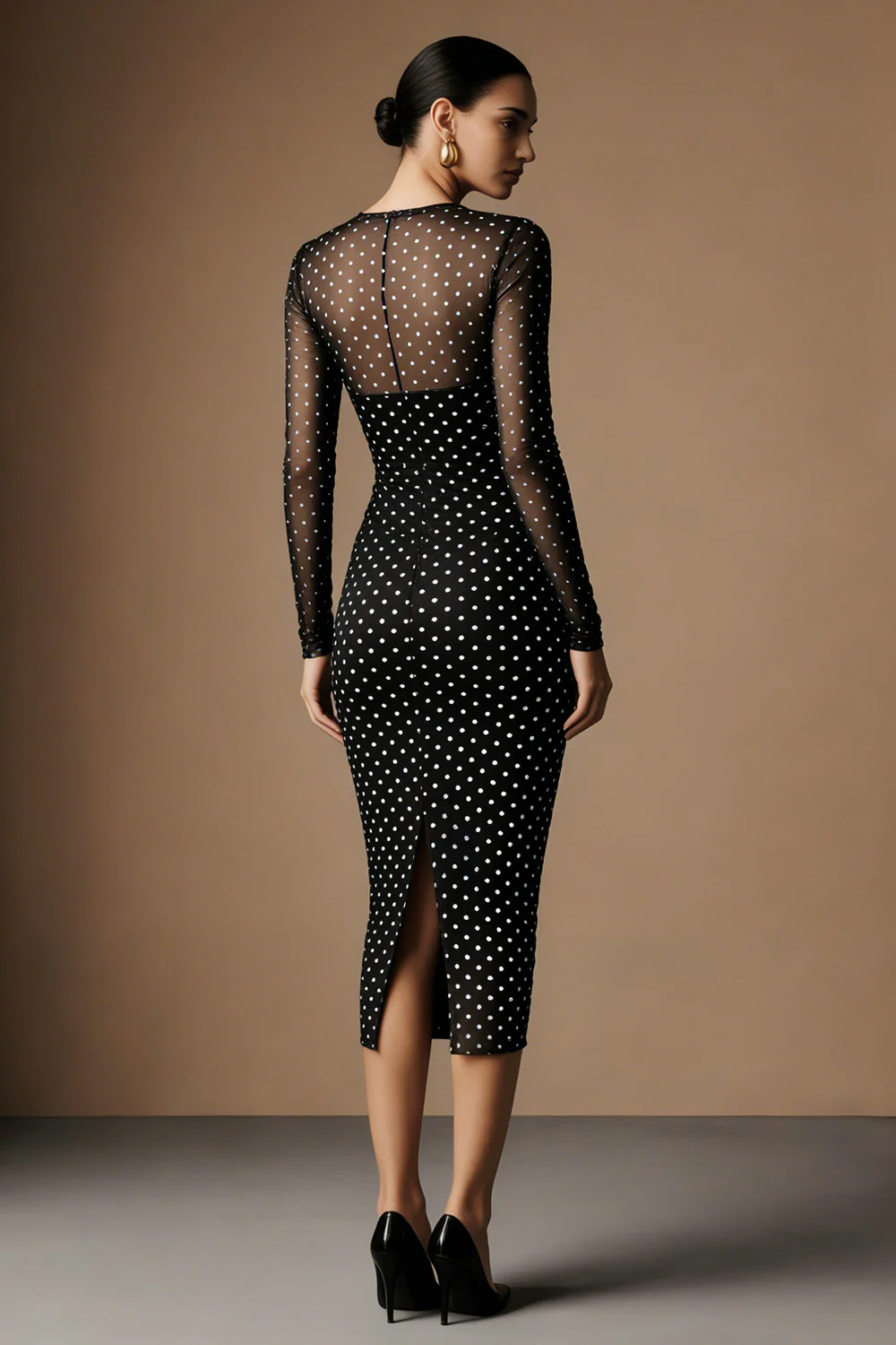 Black White Polka Dots Round Neck Sheath Work Dress with Long Sleeves - Image 2