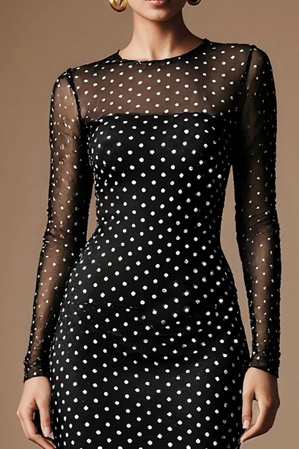 Black White Polka Dots Round Neck Sheath Work Dress with Long Sleeves - Image 3