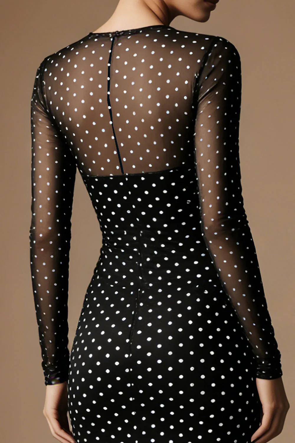 Black White Polka Dots Round Neck Sheath Work Dress with Long Sleeves - Image 4