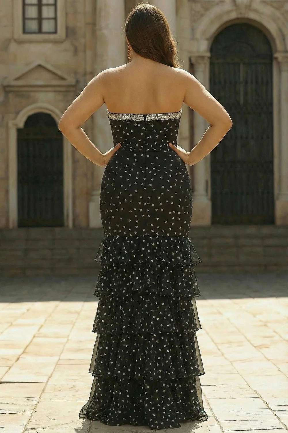 Black White Polka Dots Strapless Mermaid Corset Tiered Plus Size Long Prom Dress with Ruffles - Image 2