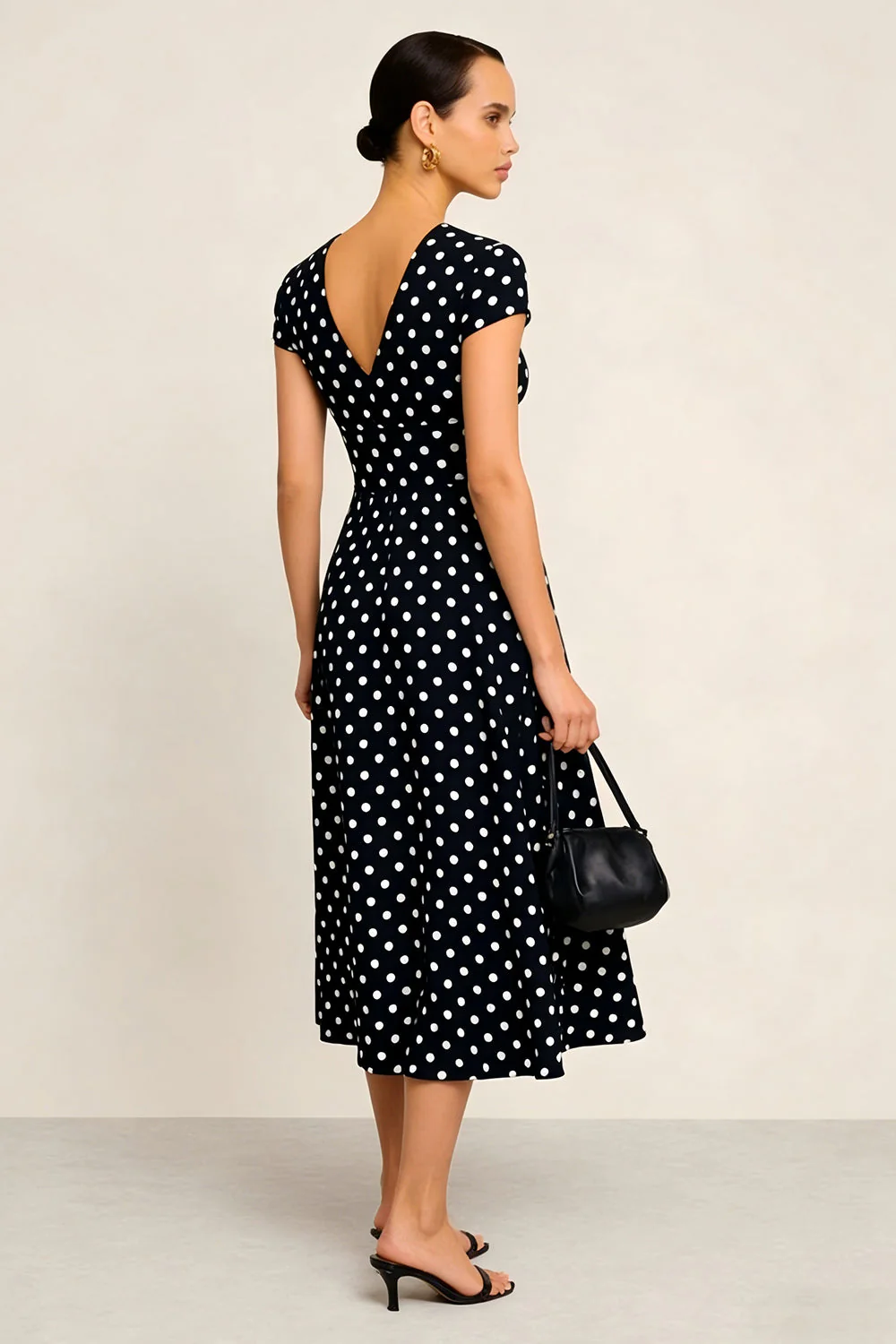 Black White Polka Dots V-Neck A Line Midi Work Dress with Sleeves - Image 2