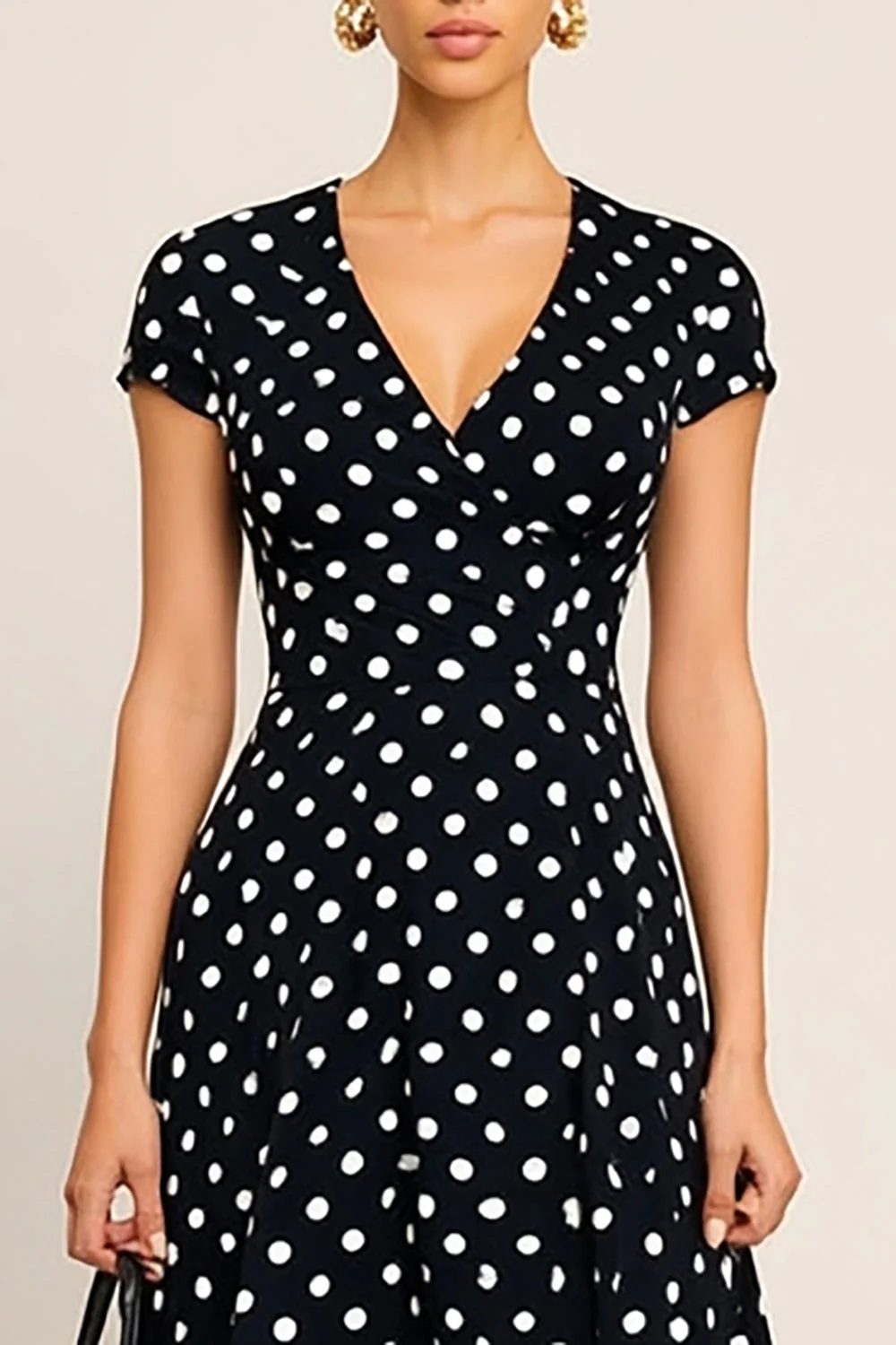Black White Polka Dots V-Neck A Line Midi Work Dress with Sleeves - Image 3