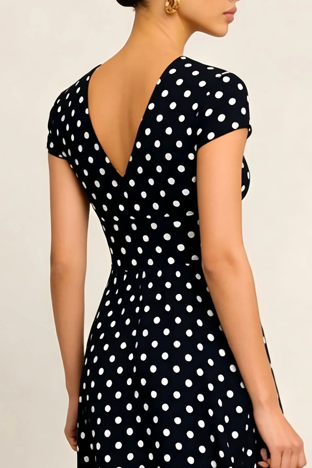 Black White Polka Dots V-Neck A Line Midi Work Dress with Sleeves - Image 4