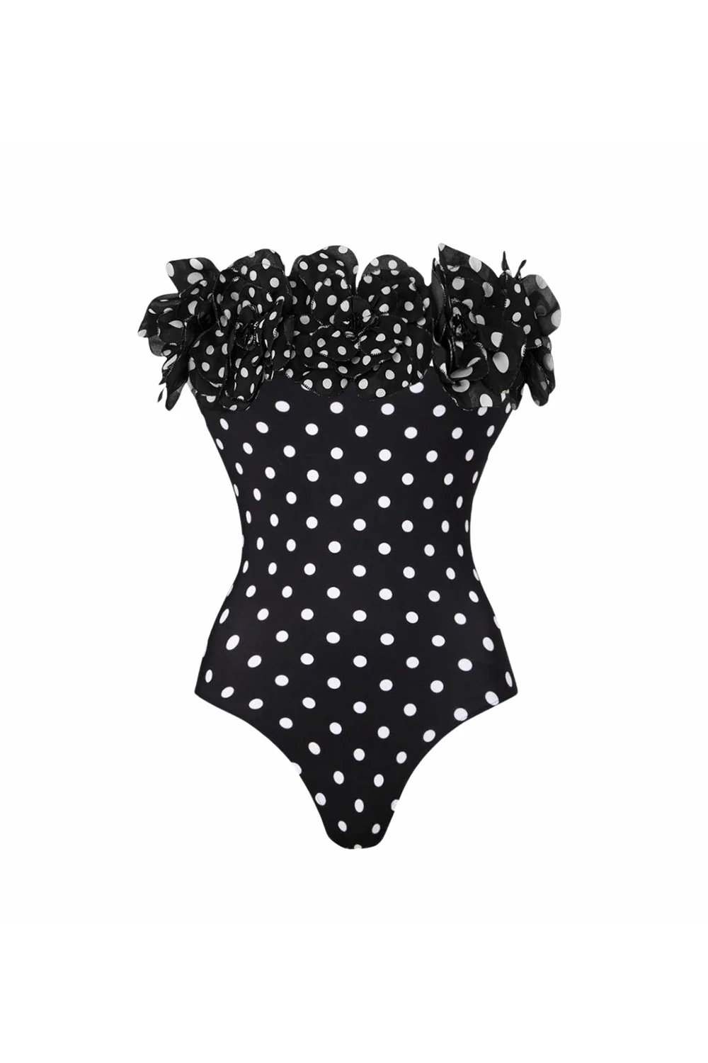 Black White Dots 2 Piece Strapless Ruffled Swimsuit with Cover Up Skirt - Image 2