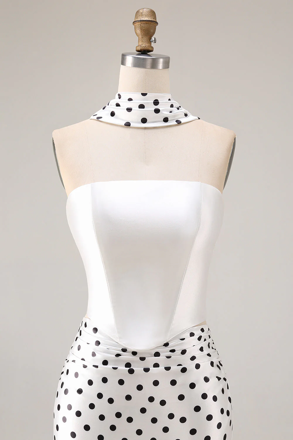 Black White Polka Dots Mermaid Satin Prom Dress with a Neck Scarf - Image 10