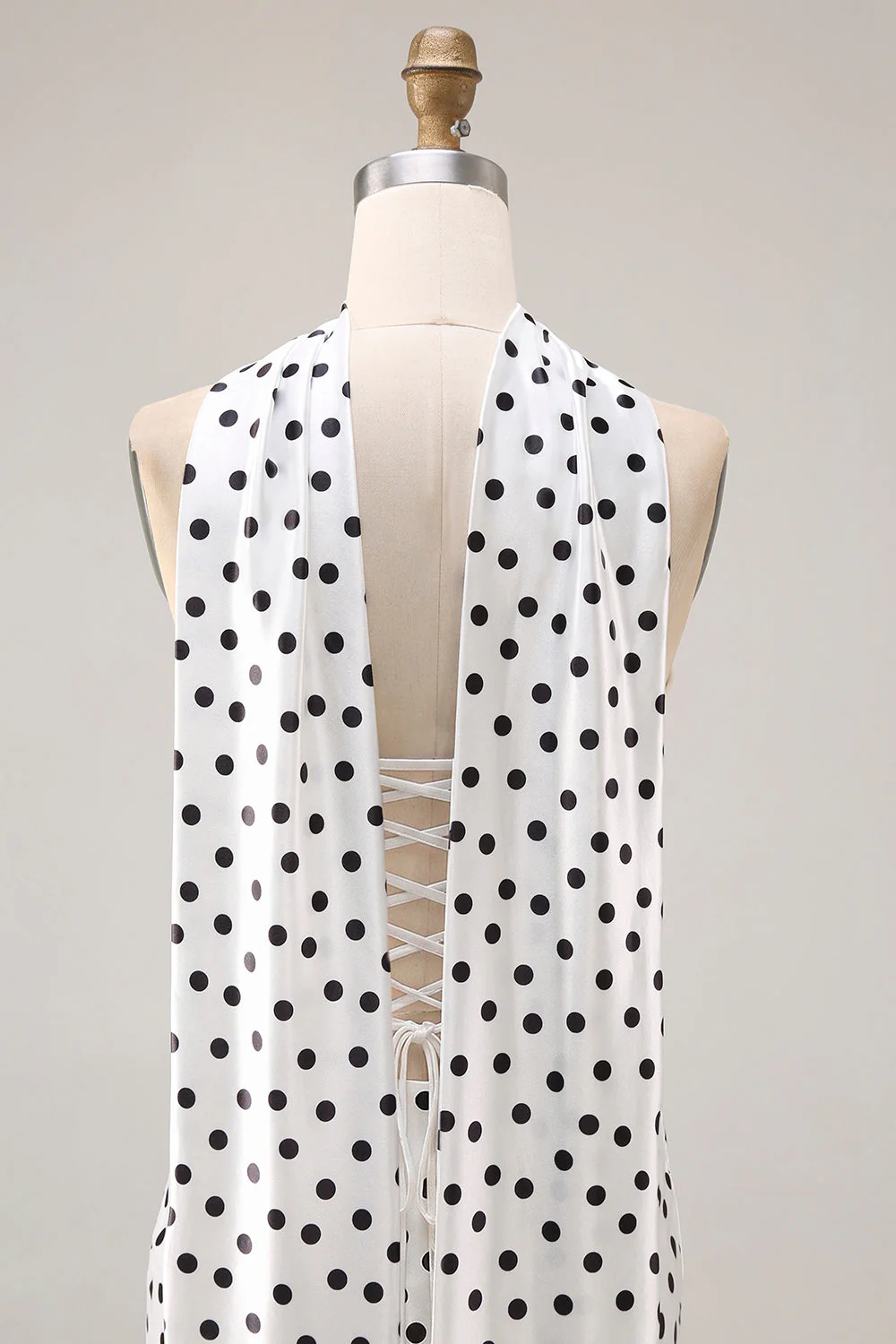 Black White Polka Dots Mermaid Satin Prom Dress with a Neck Scarf - Image 11