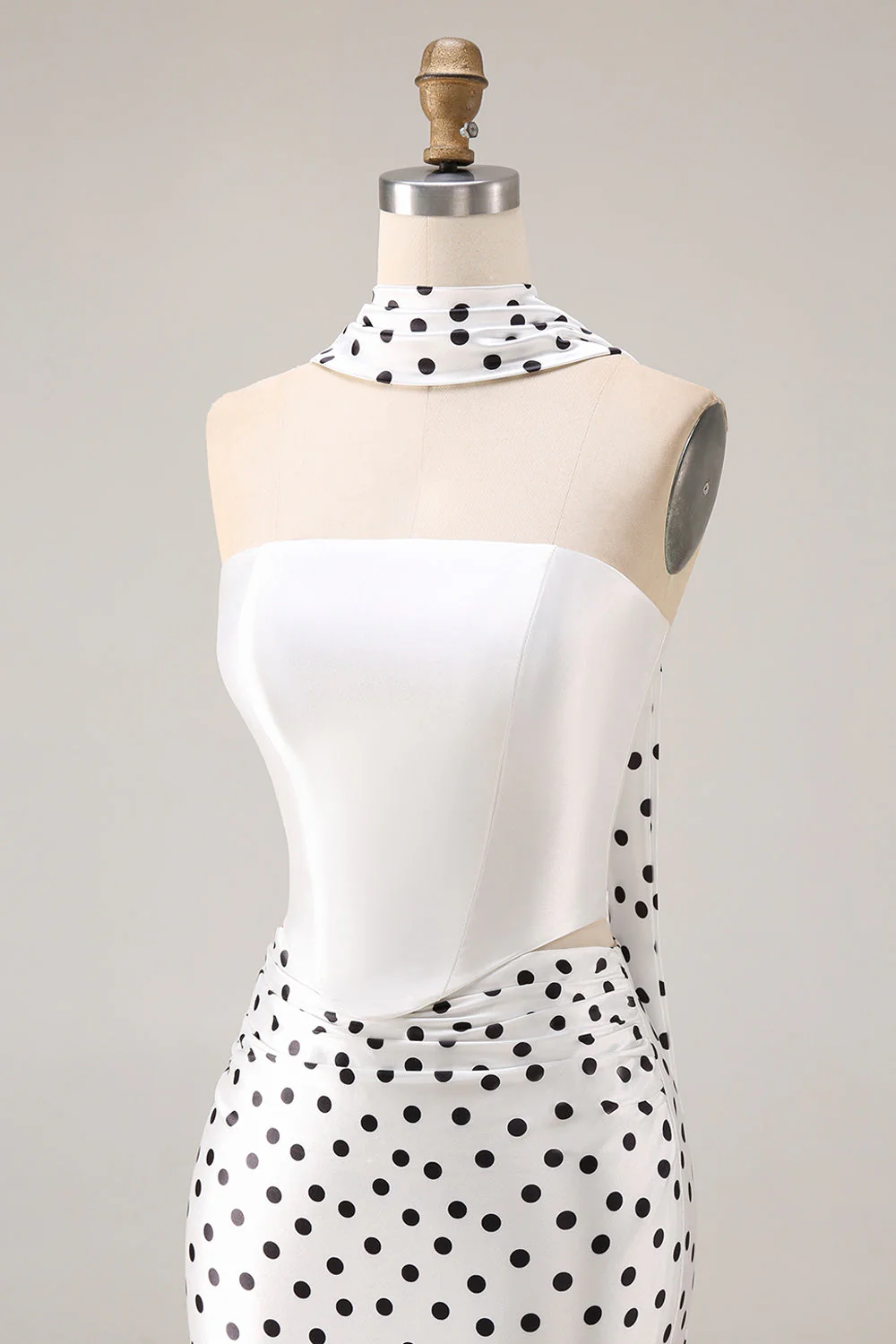 Black White Polka Dots Mermaid Satin Prom Dress with a Neck Scarf - Image 12