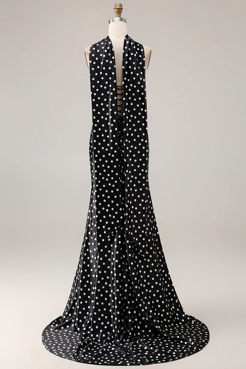 Black White Polka Dots Mermaid Satin Prom Dress with a Neck Scarf - Image 2